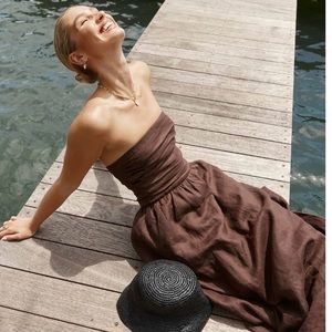 DISSH Lexi 100% Linen Midi Strapless Dress in Dark Chocolate Brown Womens Size 4